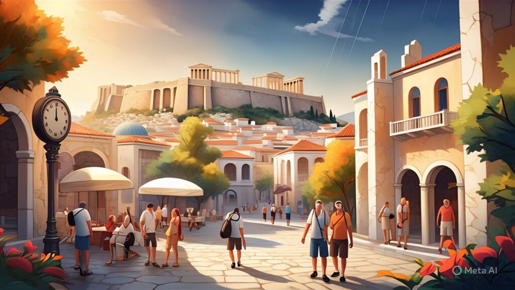 “Traveler enjoying a Half-Day Tour in Athens with scenic views of the Acropolis and historic landmarks in the background.”