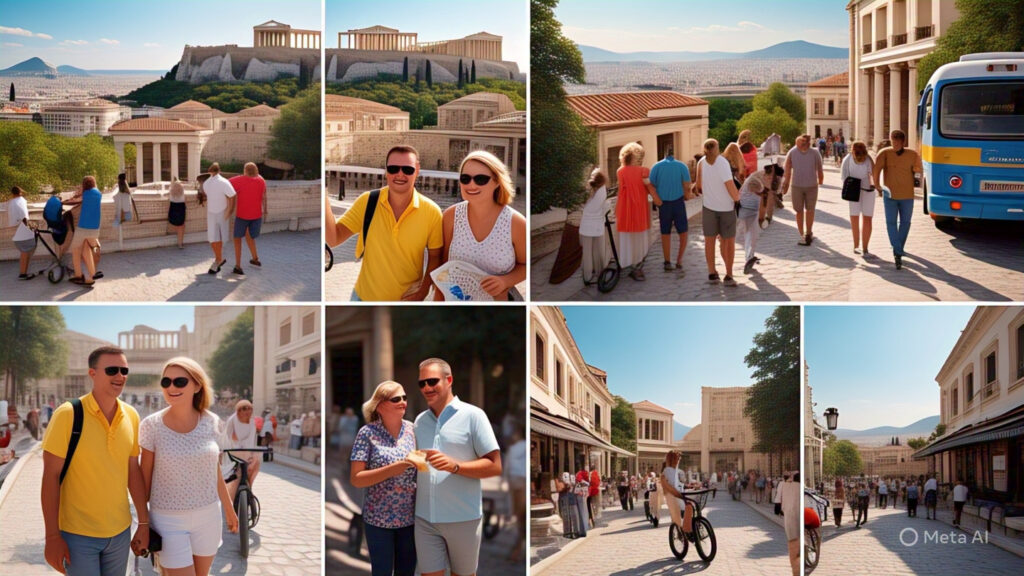 Visitors on a Half-Day Tour in Athens exploring ancient ruins under a clear blue sky